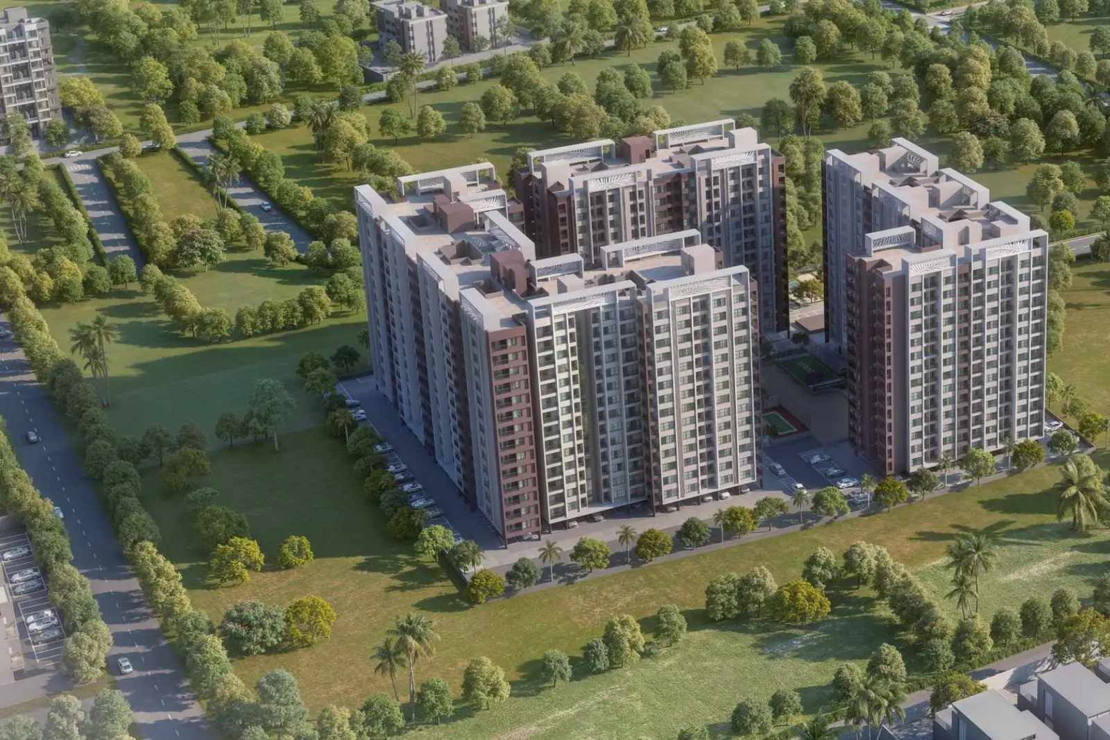 Aerial view of Raahee Parna 7-tower residential project in Dudulgaon, Pune