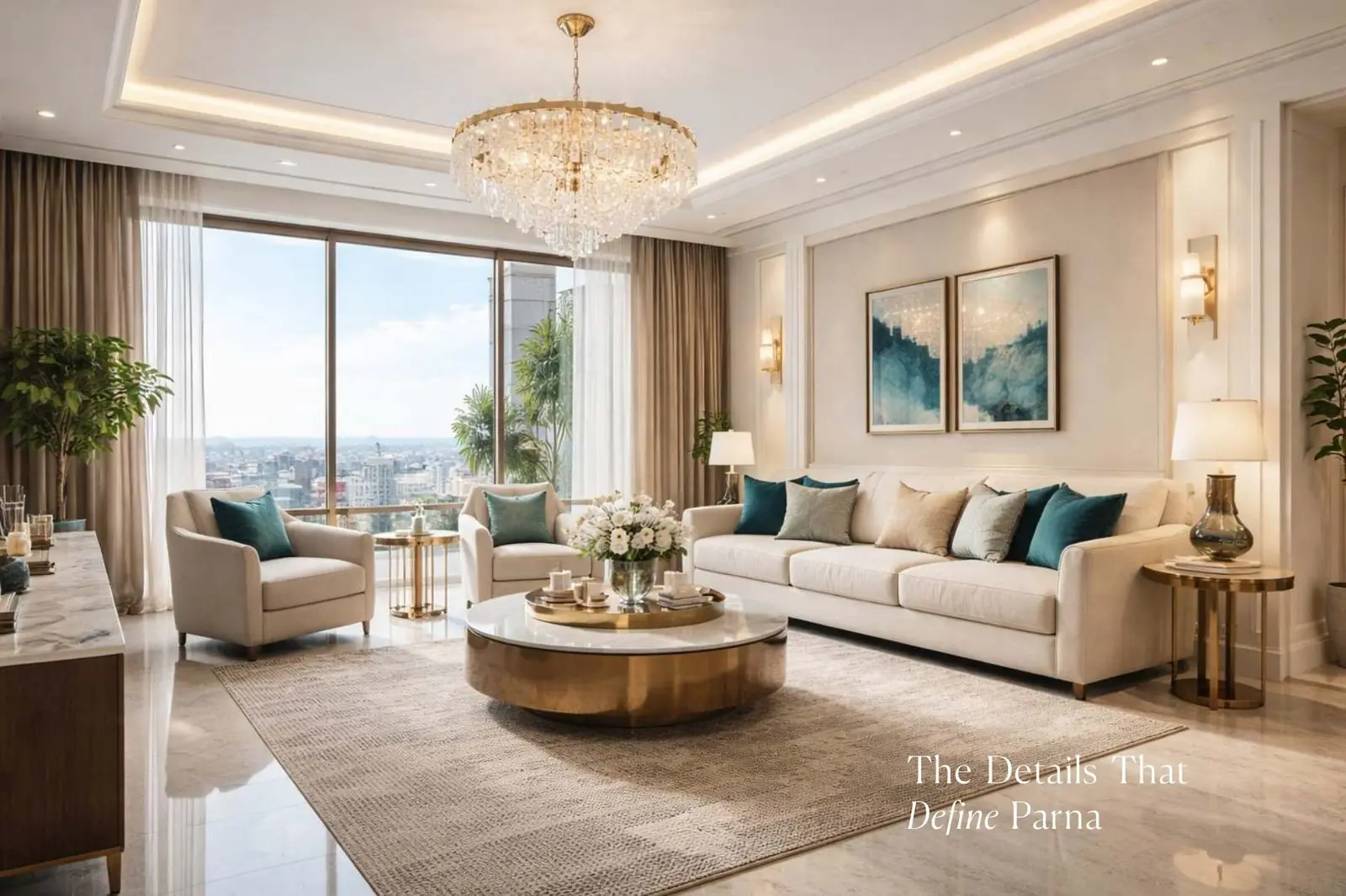 Sample living room of a 2, 2.5 and 3 BHK flat at Raahee Parna, Pune