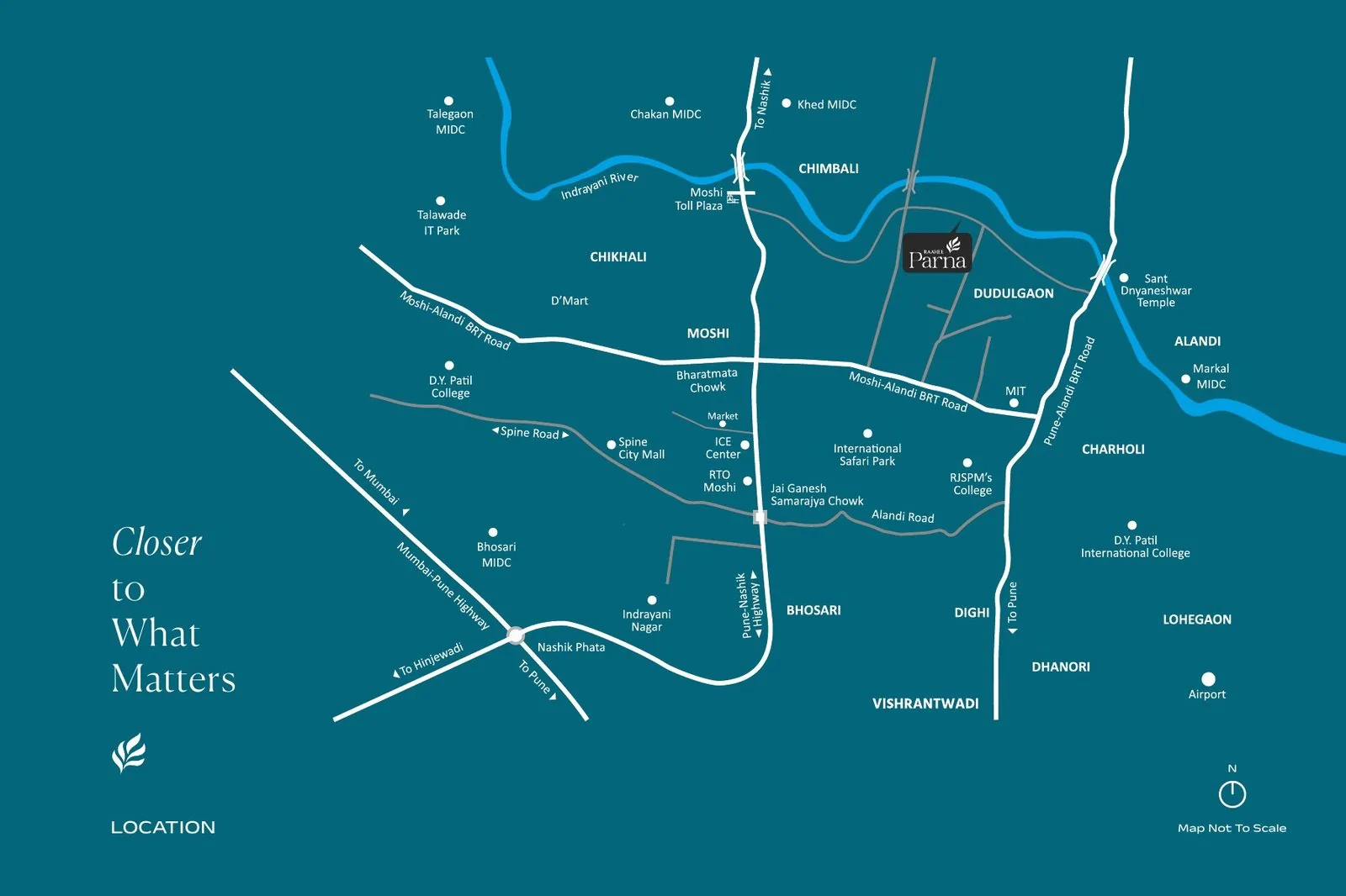 Location map of Raahee Parna in Dudulgaon near Moshi, Pune with nearby schools, hospitals and IT parks