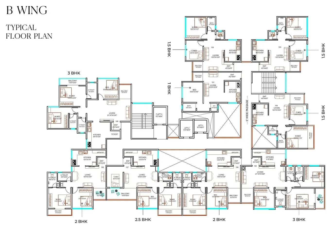 Raahee Parna B Wing typical floor plan, 2, 2.5 and 3 BHK