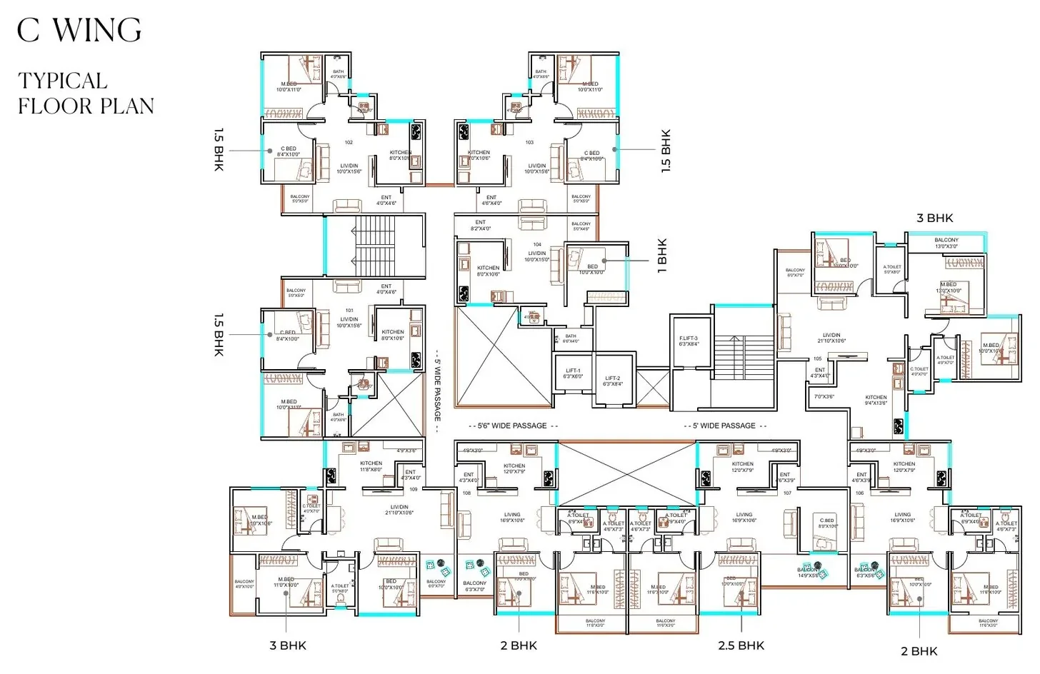 Raahee Parna C Wing typical floor plan, 2, 2.5 and 3 BHK