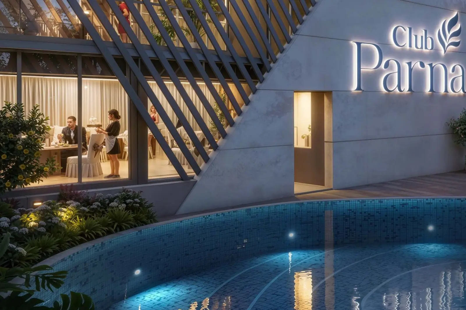 Club Parna swimming pool and clubhouse at Raahee Parna, Dudulgaon